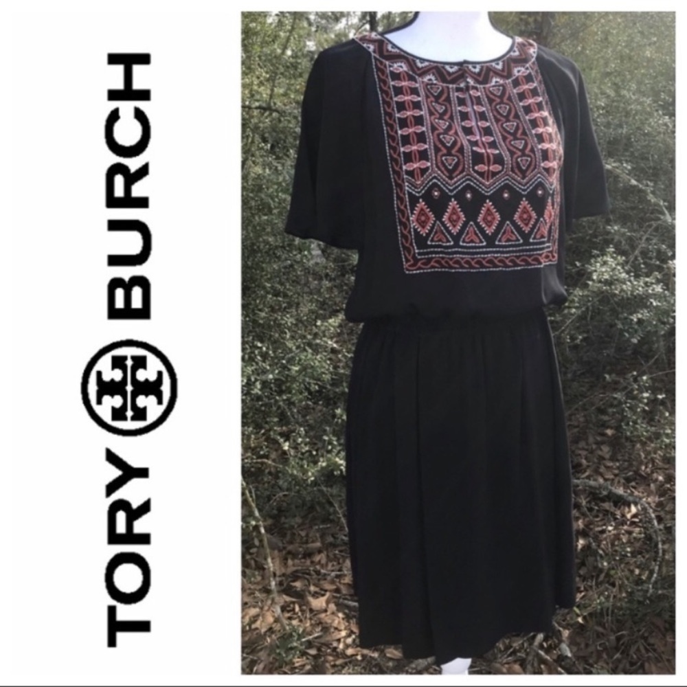 Tory Burch Bristol Silk Embroidered Embellished Black Dress Size 4 - Picture 2 of 9